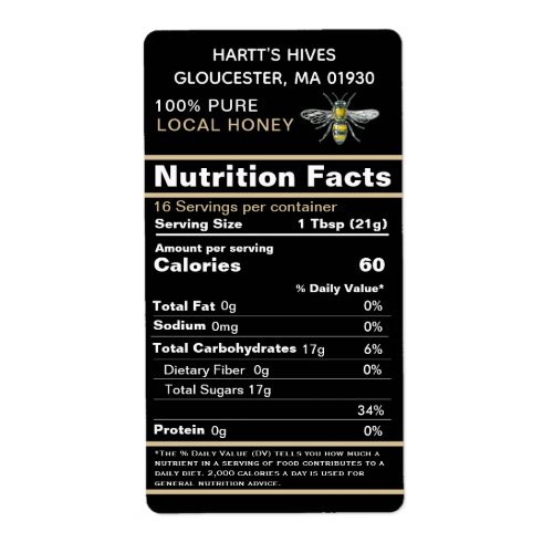 Black and gold 2020 Nutrition Facts Honey Label