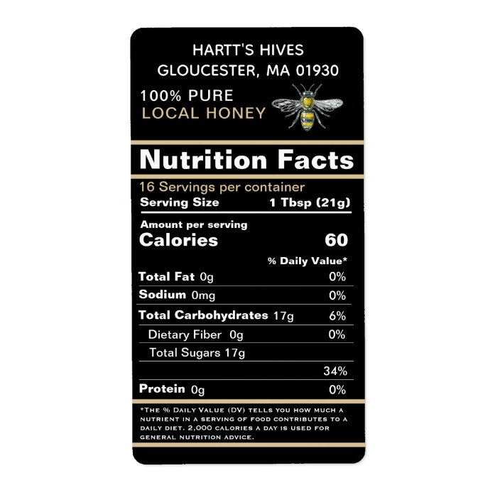 Black and gold 2020 Nutrition Facts Honey Label | Zazzle.com