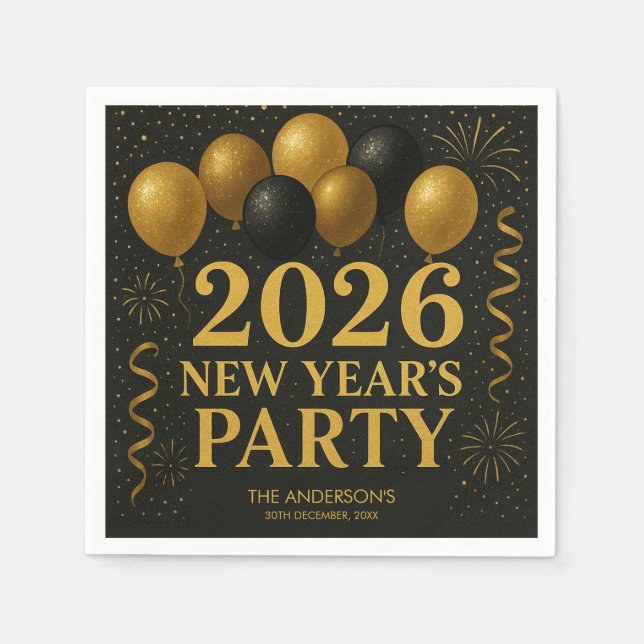 Black And Gold 2026 New Year Party Napkins (Front)