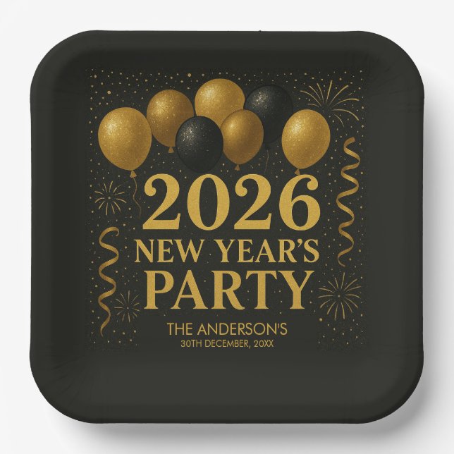 Black And Gold 2026 New Year Party Paper Plates (Front)