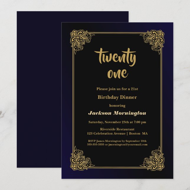 Black and Gold 21st Birthday Dinner Invitation (Front/Back)