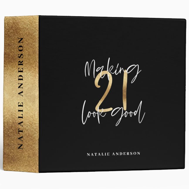 Black and gold 21st birthday modern script stylish 3 ring binder (Front/Spine)