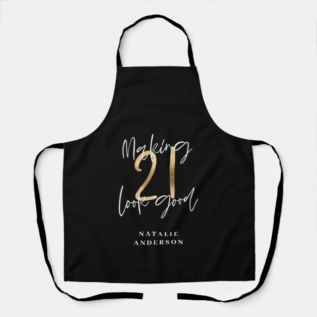 Black and gold 21st birthday modern script stylish apron (Front)