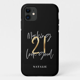 Black and gold 21st birthday modern script stylish iPhone 11 case
