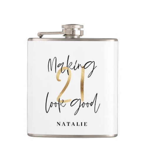 Black and gold 21st birthday modern script stylish flask