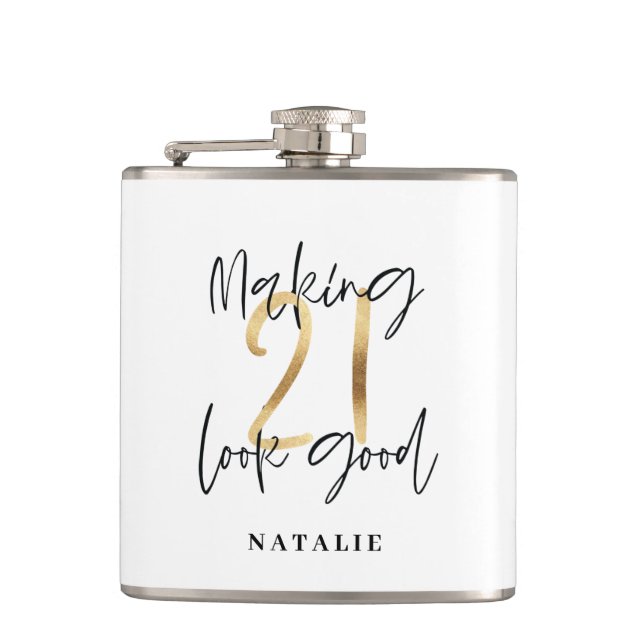 Black and gold 21st birthday modern script stylish flask (Front)
