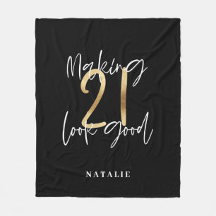 Black and gold 21st birthday modern script stylish fleece blanket