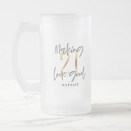Black and gold 21st birthday modern script stylish frosted glass beer mug