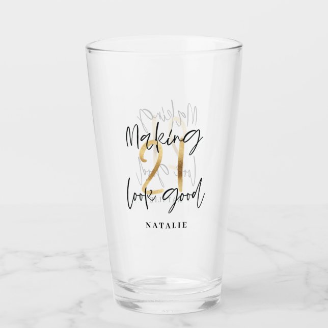 Black and gold 21st birthday modern script stylish glass (Front)