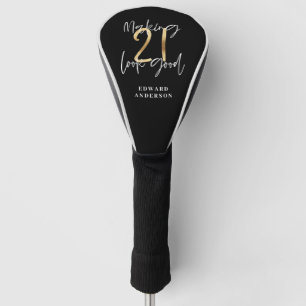 Black and gold 21st birthday modern script stylish golf head cover