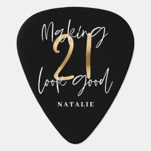 Black and gold 21st birthday modern script stylish guitar pick