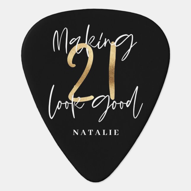 Black and gold 21st birthday modern script stylish guitar pick (Front)