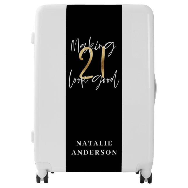 Black and gold 21st birthday modern script stylish luggage (Front)