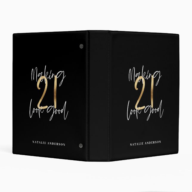 Black and gold 21st birthday modern script stylish mini binder (Background)