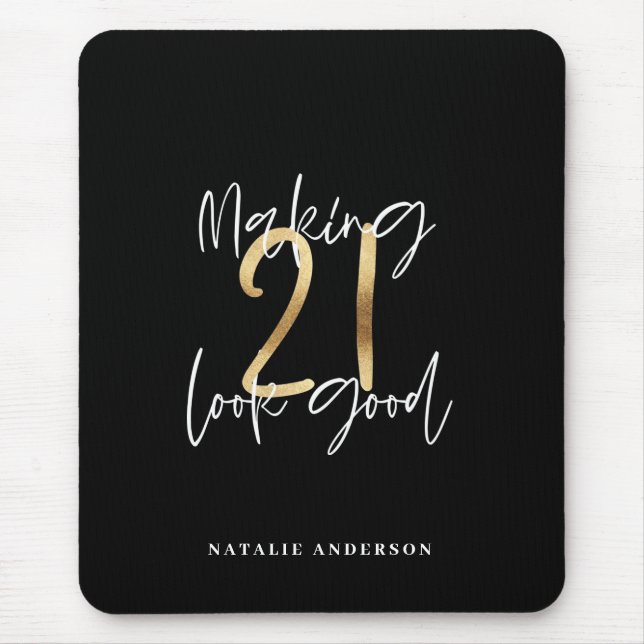 Black and gold 21st birthday modern script stylish mouse pad (Front)