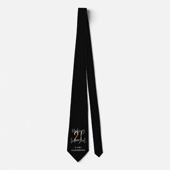Black and gold 21st birthday modern script stylish neck tie (Front)