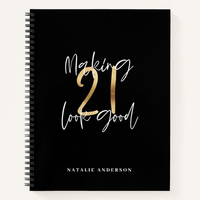 Black and gold 21st birthday modern script stylish notebook (Front)