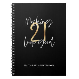 Black and gold 21st birthday modern script stylish notebook