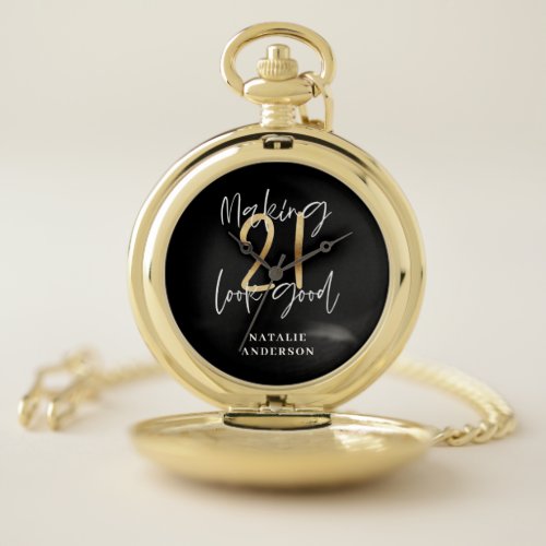 Black and gold 21st birthday modern script stylish pocket watch