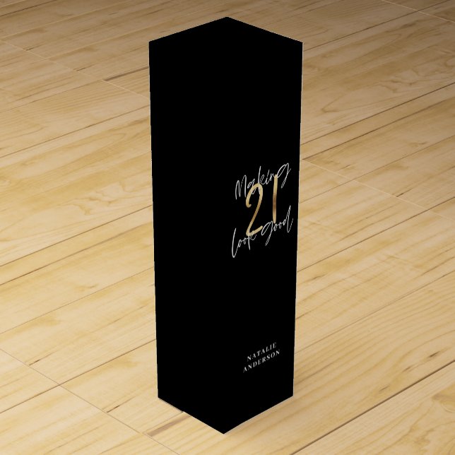 Black and gold 21st birthday modern script stylish wine box (Front)