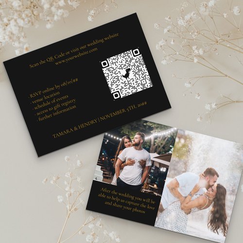 Black and Gold 2 Photo Online RSVP QR Code Wedding Enclosure Card
