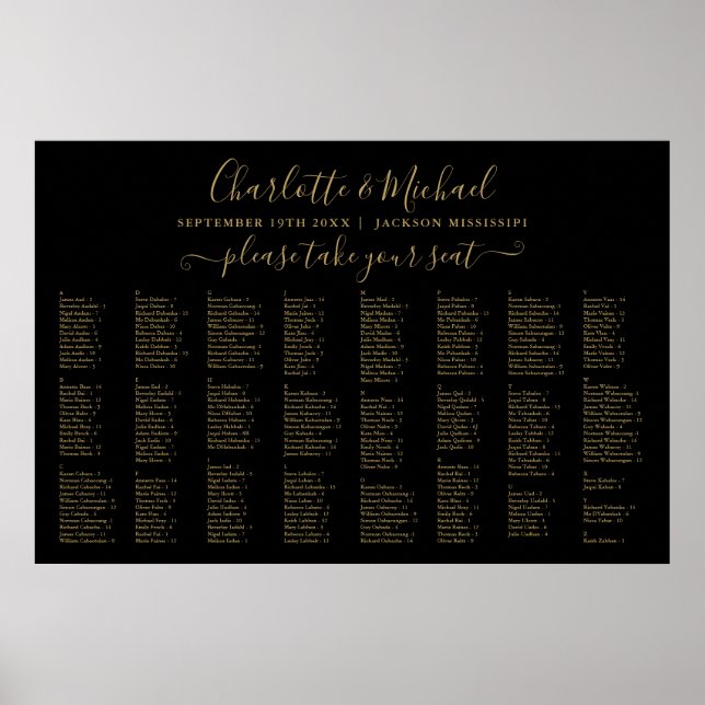 Black And Gold 300 Names Wedding Seating Chart (Front)