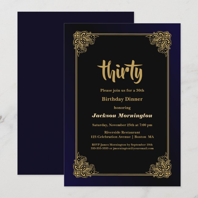 Black and Gold 30th Birthday Dinner Invitation (Front/Back)