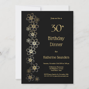 Black and Gold 30th Birthday Dinner Party Invitation
