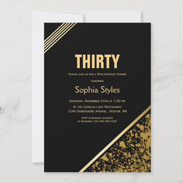 Black and Gold 30th Birthday Dinner Party Invitation (Front)