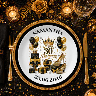 Black And Gold 30th Birthday Glam Party Plates Set