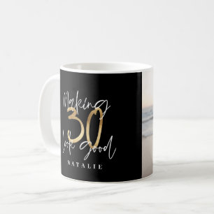 Black and gold 30th birthday modern script photo coffee mug
