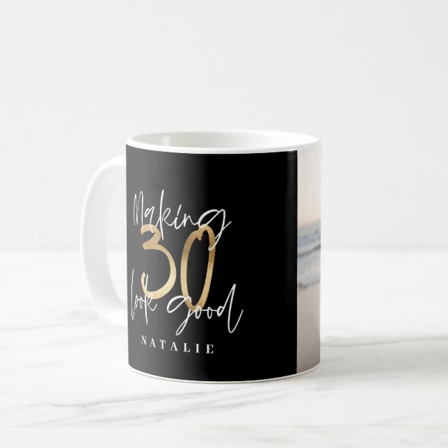 Black and gold 30th birthday modern script photo coffee mug (Front Left)