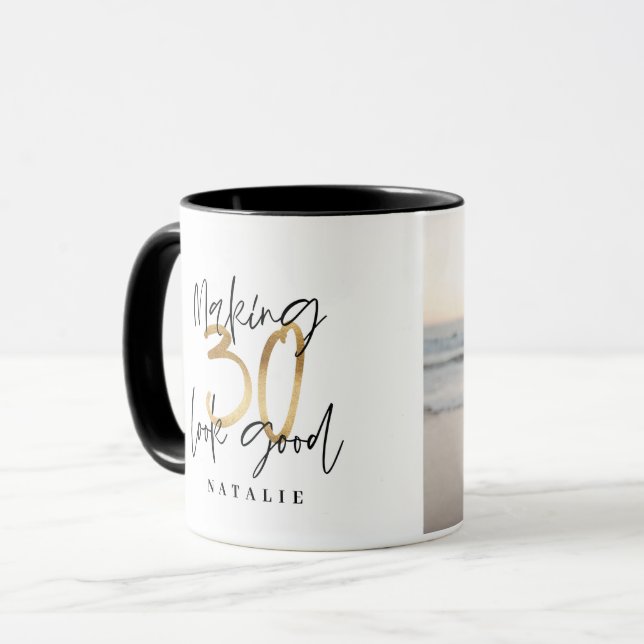 Black and gold 30th birthday modern script photo mug (Front Left)