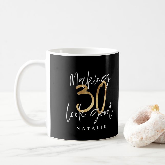 Black and gold 30th birthday modern script stylish coffee mug (With Donut)