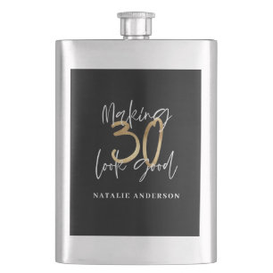 Black and gold 30th birthday modern script stylish flask