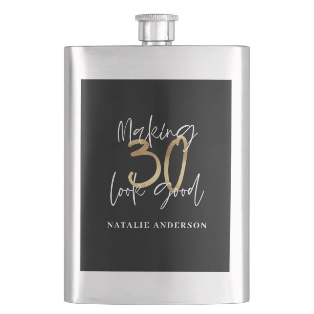 Black and gold 30th birthday modern script stylish flask (Front)