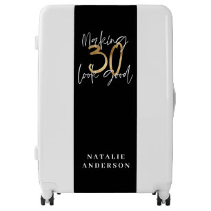 Black and gold 30th birthday modern script stylish luggage