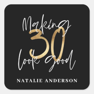 Black and gold 30th birthday modern script stylish square sticker