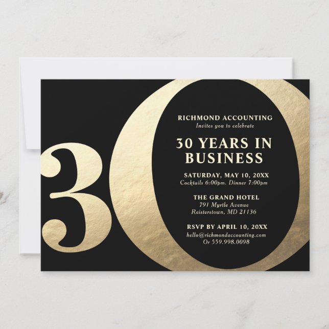Black and Gold 30th Business Anniversary Invitation (Front)