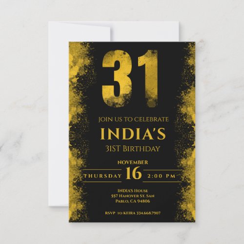 Black And Gold 31st Birthday Party  Invitation