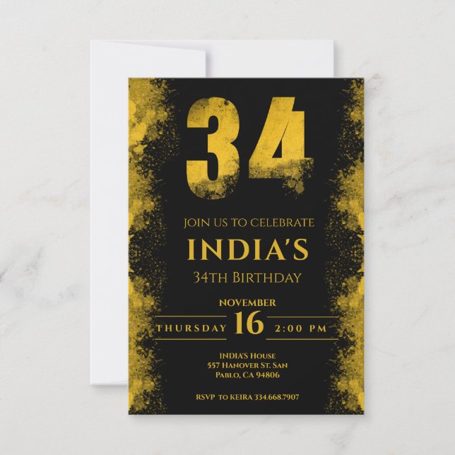 Black And Gold 34th Birthday Party Invitation (Front)