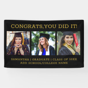  Black And Gold 3 Photo Collage Congrats Grad 2025 Banner