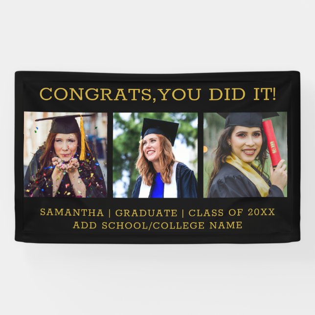  Black And Gold 3 Photo Collage Congrats Grad 2025 Banner (Horizontal)