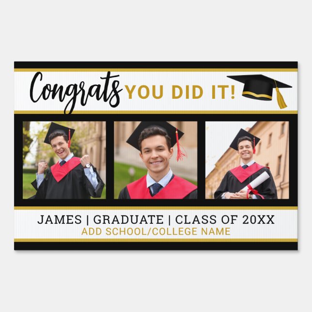 Black And Gold 3 Photo Collage Congrats Grad 2025 Sign (Front)