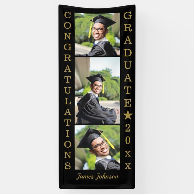Black And Gold 3 Photo Congrats 2022 Graduate Banner (Vertical)