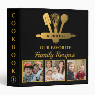 Black And Gold 3 Photo Family Recipe Cookbook 3 Ring Binder