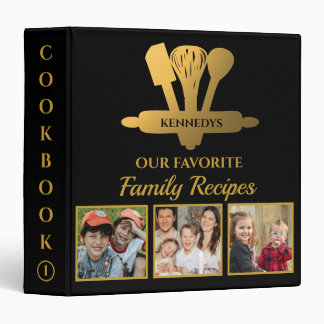 Black And Gold 3 Photo Family Recipe Cookbook 3 Ring Binder