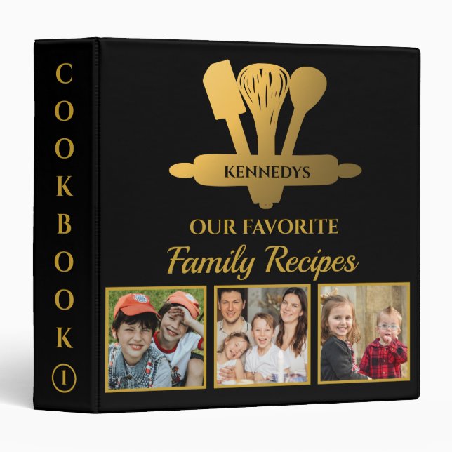 Black And Gold 3 Photo Family Recipe Cookbook 3 Ring Binder (Front/Spine)