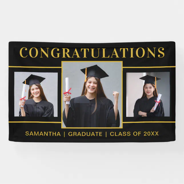 Black And Gold 3 Photo Graduation Congratulations Banner | Zazzle