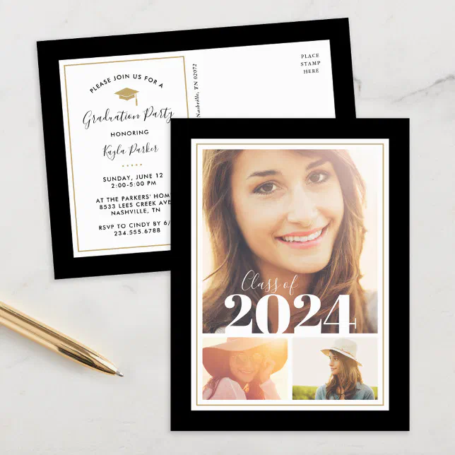 Black and Gold 3 Photo Graduation Party Invitation | Zazzle
